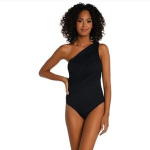 La Blanca Island Goddess Shirred One Shoulder One Piece - Black Size 14 NWT